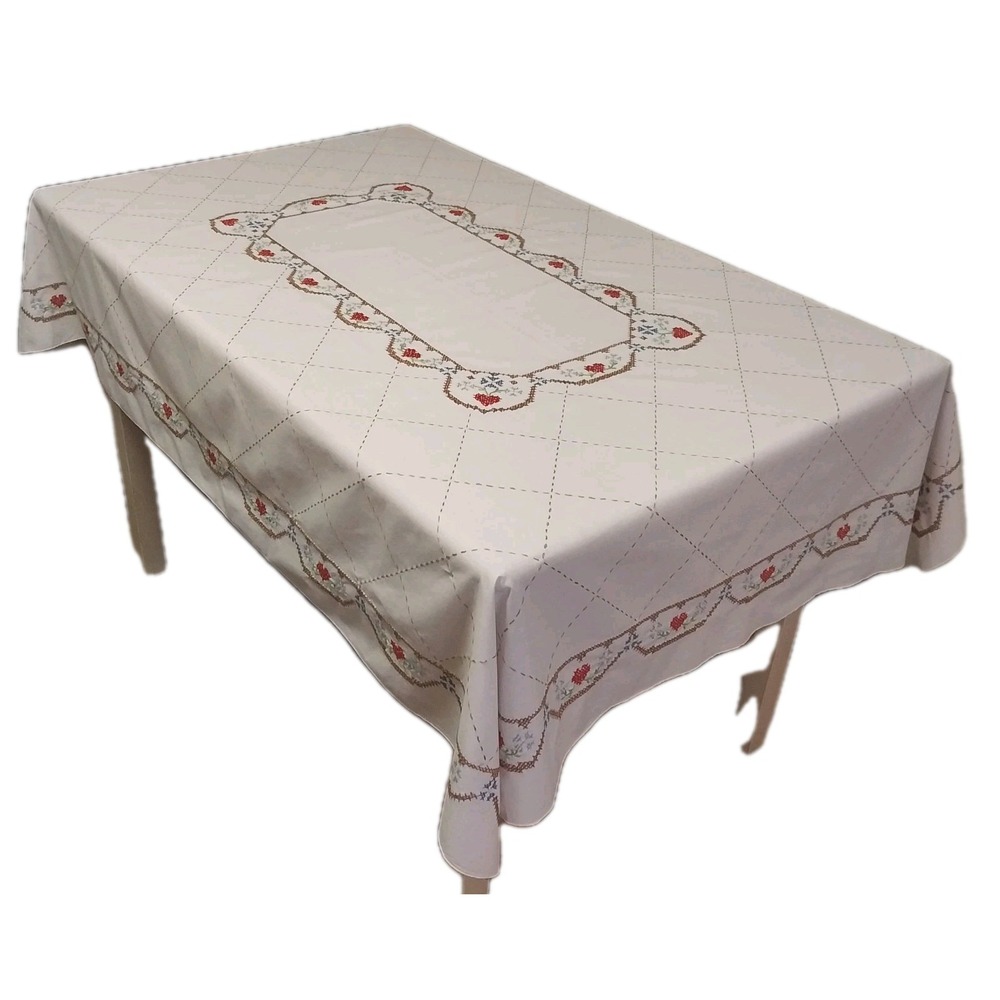 Vtg COMPLETEDVogart Country Heart Hand-Embroidered Cross Stitch Tablecloth 50x67